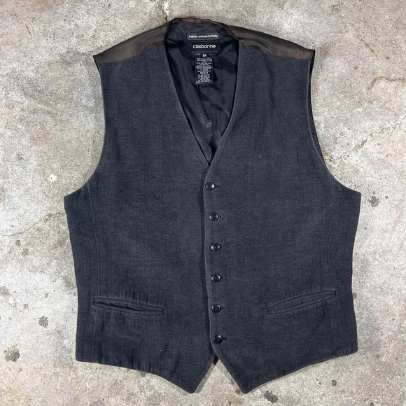 Vintage 90s Black Calaborne cotton vest with leather trim - Picture 1 of 7